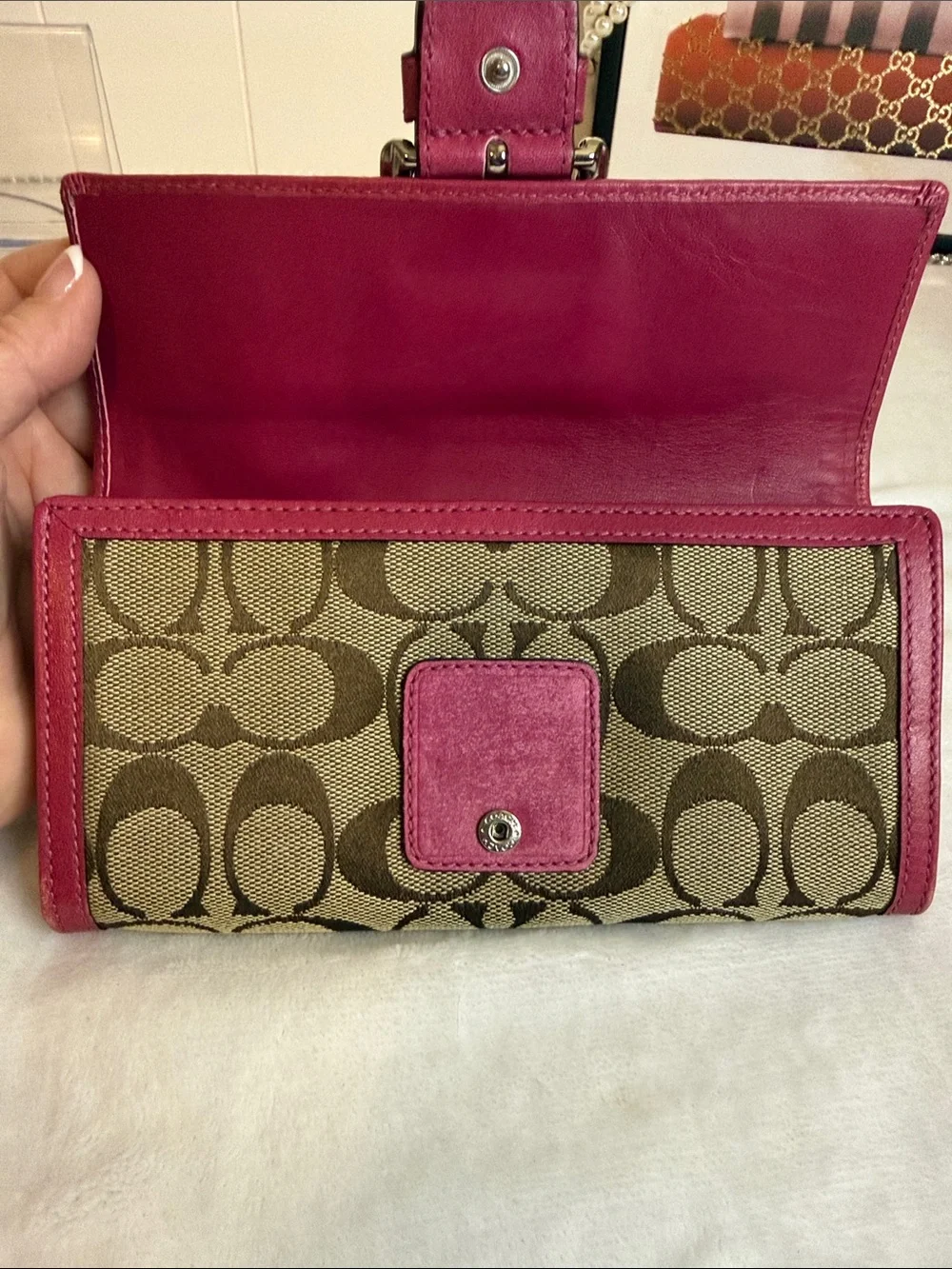 Coach Signature Canvas Wallet with Pink Trim